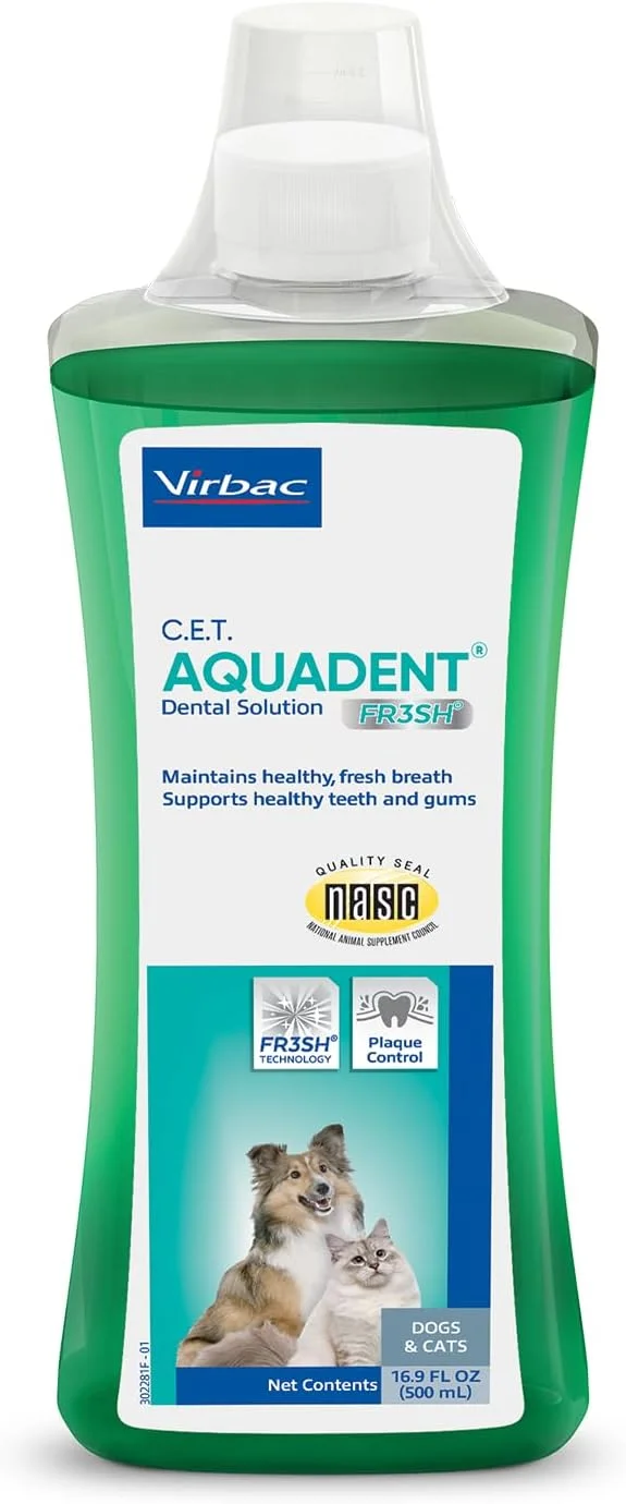 Pet enjoying fresh water with Virbac AQUADENT dental solution