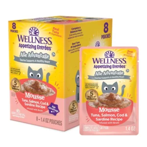 Wellness Appetizing Entrées Age Advantage Mousse Senior Wet Cat Food, Natural, Protein Rich, Grain Free, Tuna, Salmon, Cod, and Sardine Recipe, 1.4 oz, Pack of 8 Pouches view 1
