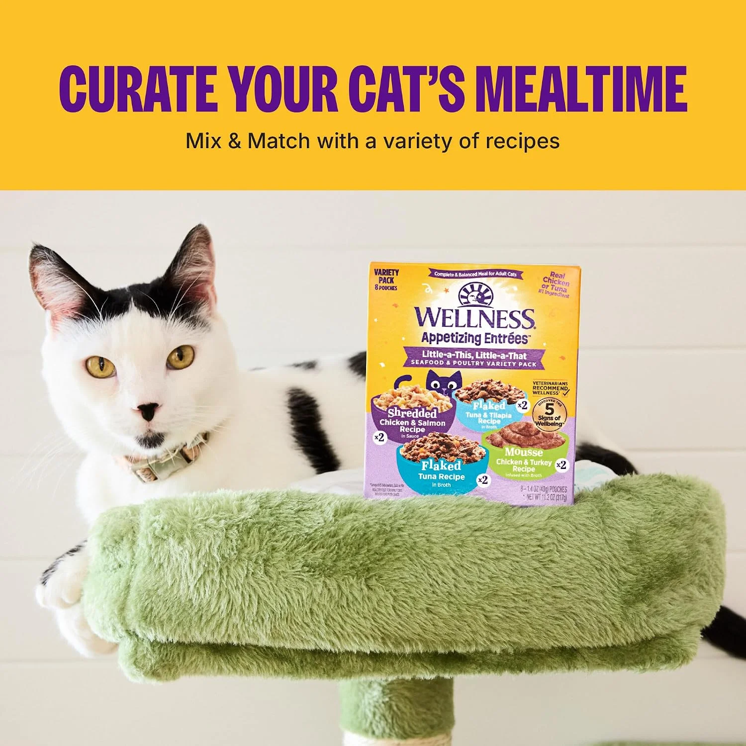 Wellness Appetizing Entrées Age Advantage Mousse Senior Wet Cat Food, Natural, Protein Rich, Grain Free, Tuna, Salmon, Cod, and Sardine Recipe, 1.4 oz, Pack of 8 Pouches