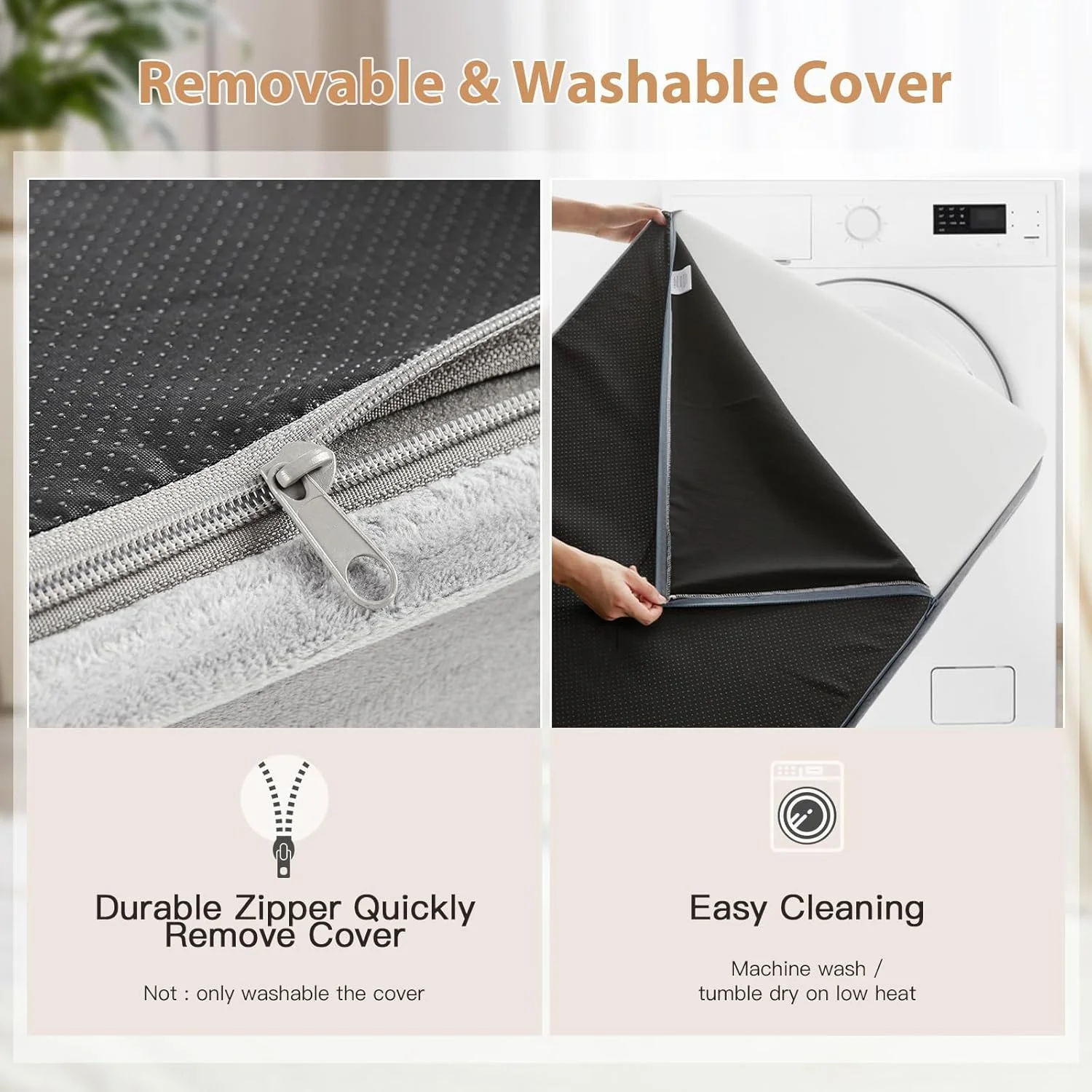 Easy-to-remove machine washable cover zipper