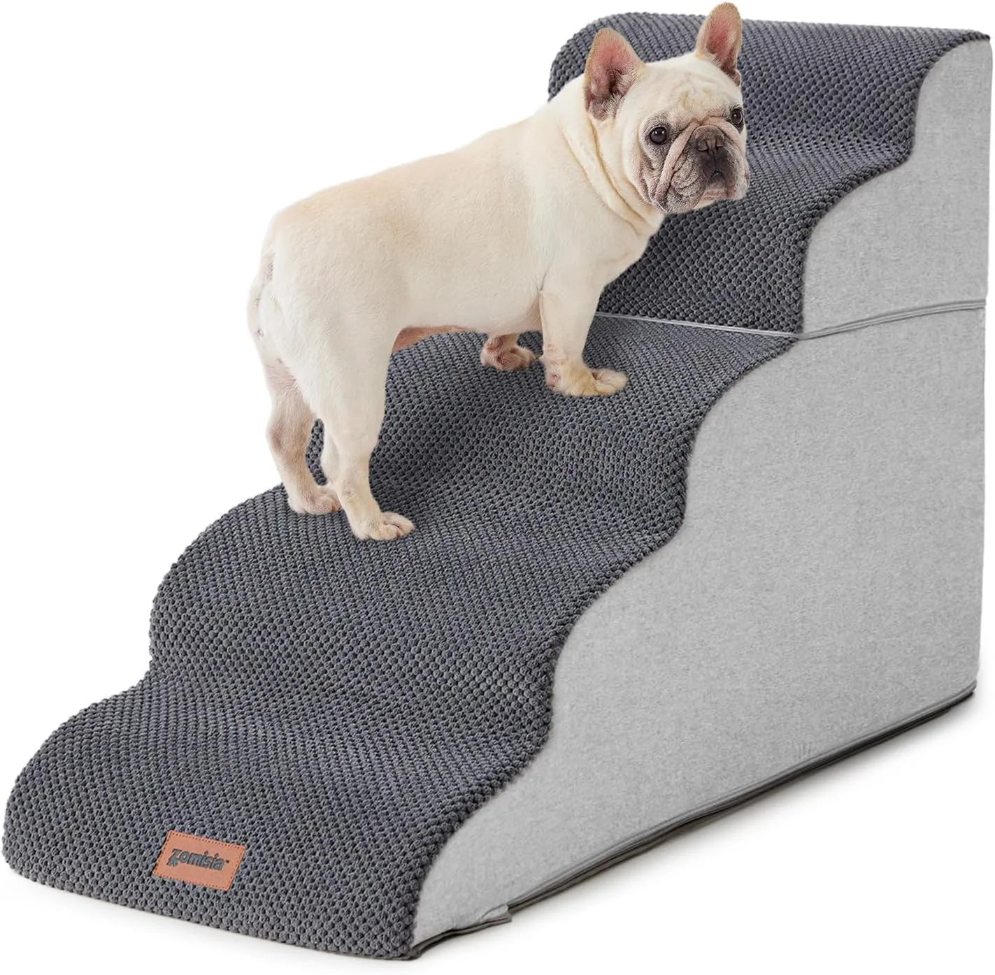 Senior dog comfortably climbing ZOMISIA foam stairs onto a high bed