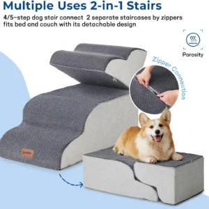 ZOMISIA Dog Stairs Ramp for High Beds Up to 25" - 5 Step Pet Stairs for Small to Large Dogs, 35D Foam Dog Steps for Couch with Non-Slip Bottom Grey view 2