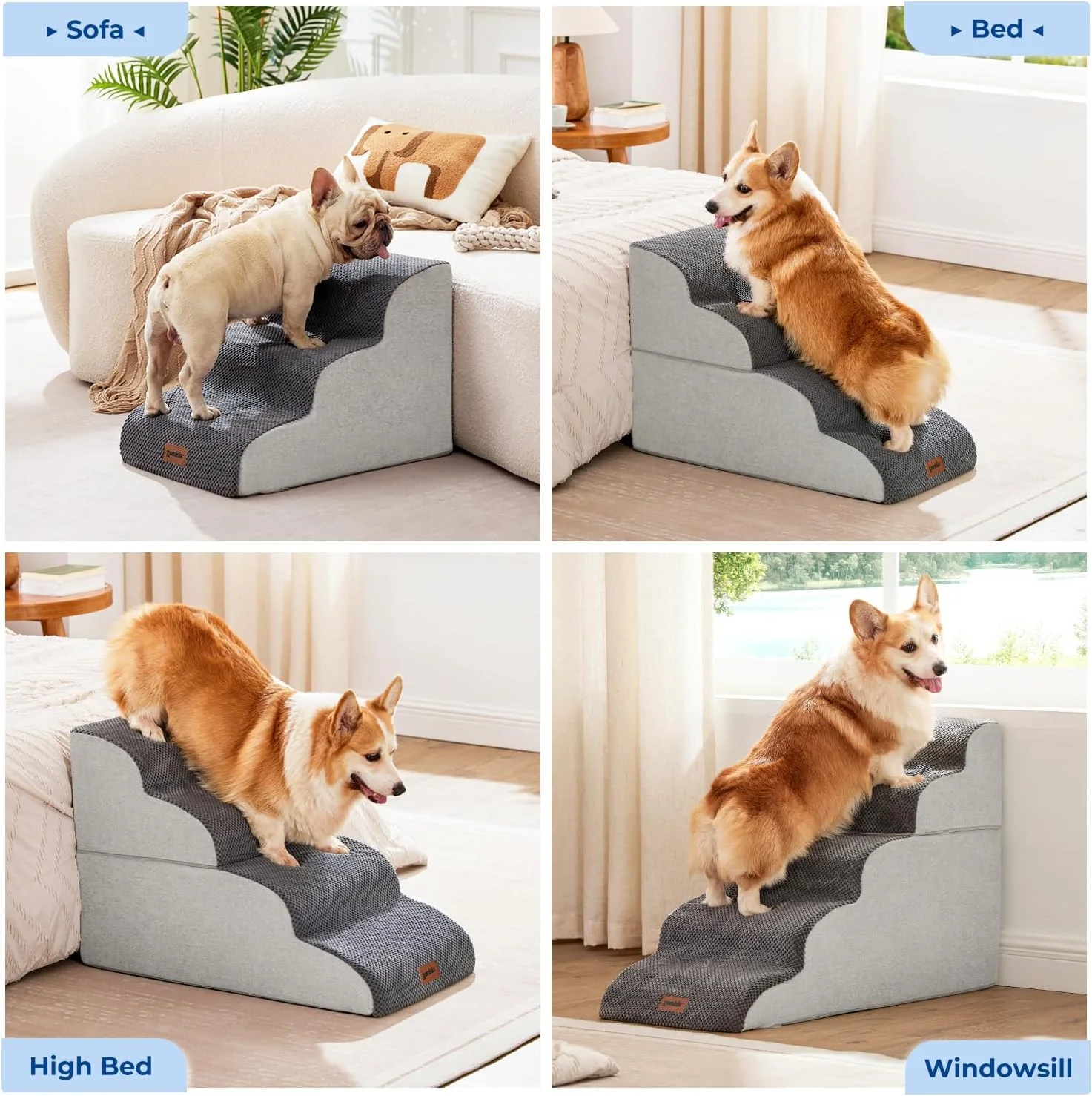 ZOMISIA dog stairs in split configuration showing 3-step and 2-step options
